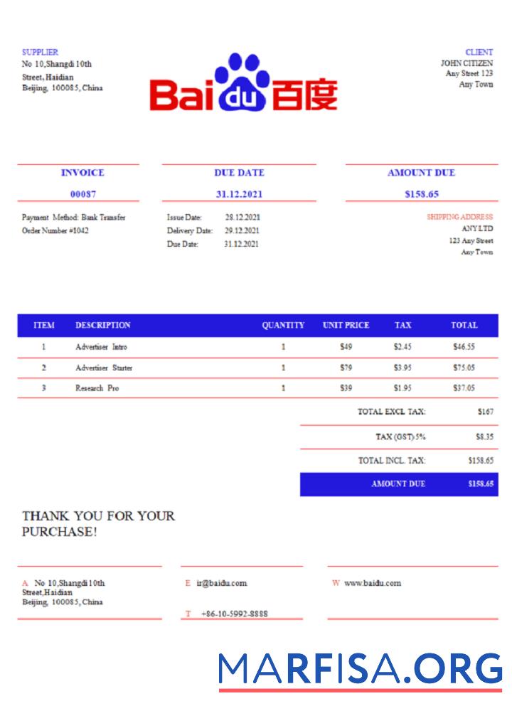 Blank USA Baidu invoice download for verification